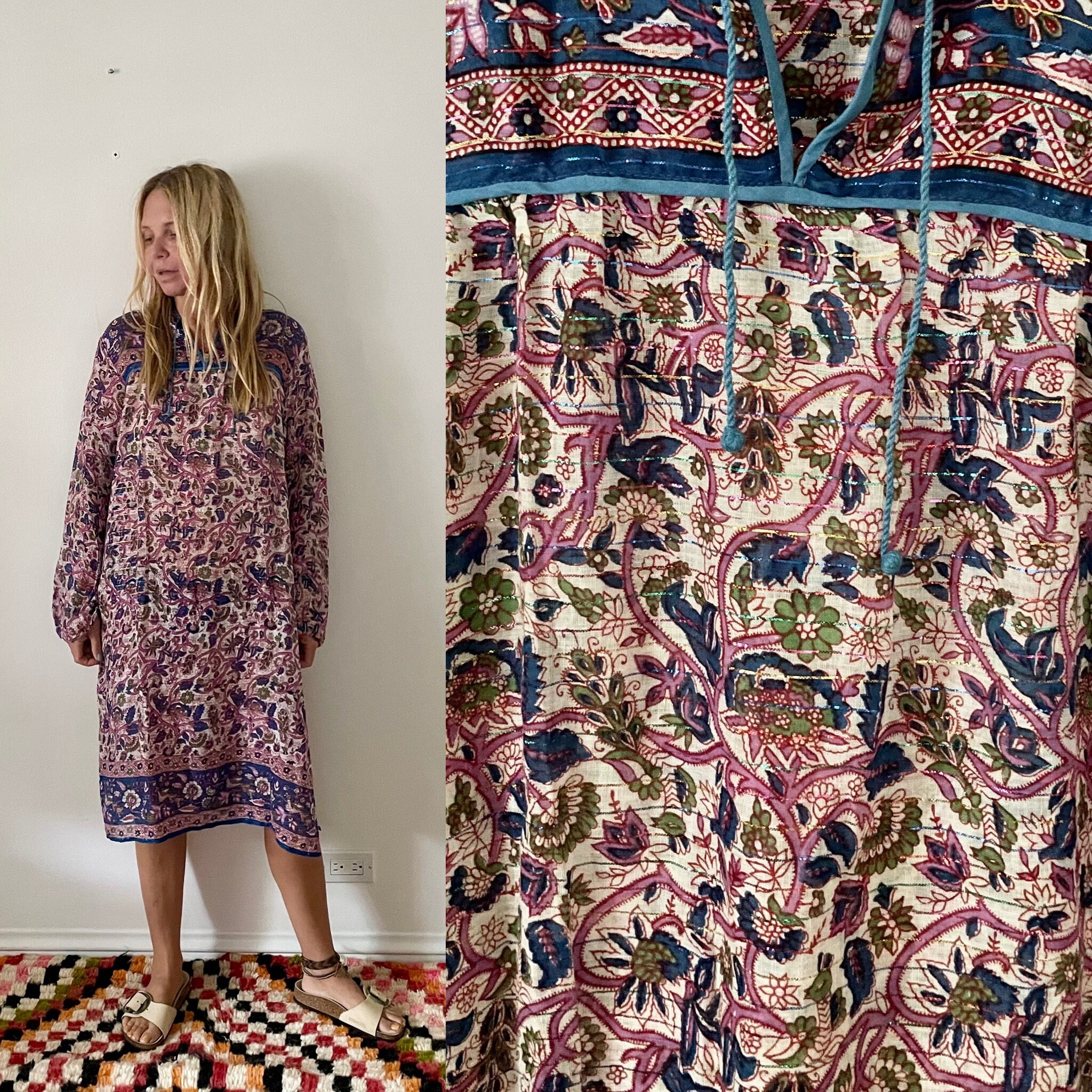 Vintage India Cotton Gauze Dress , Indian Cotton Kaftan , Lurex Gauze