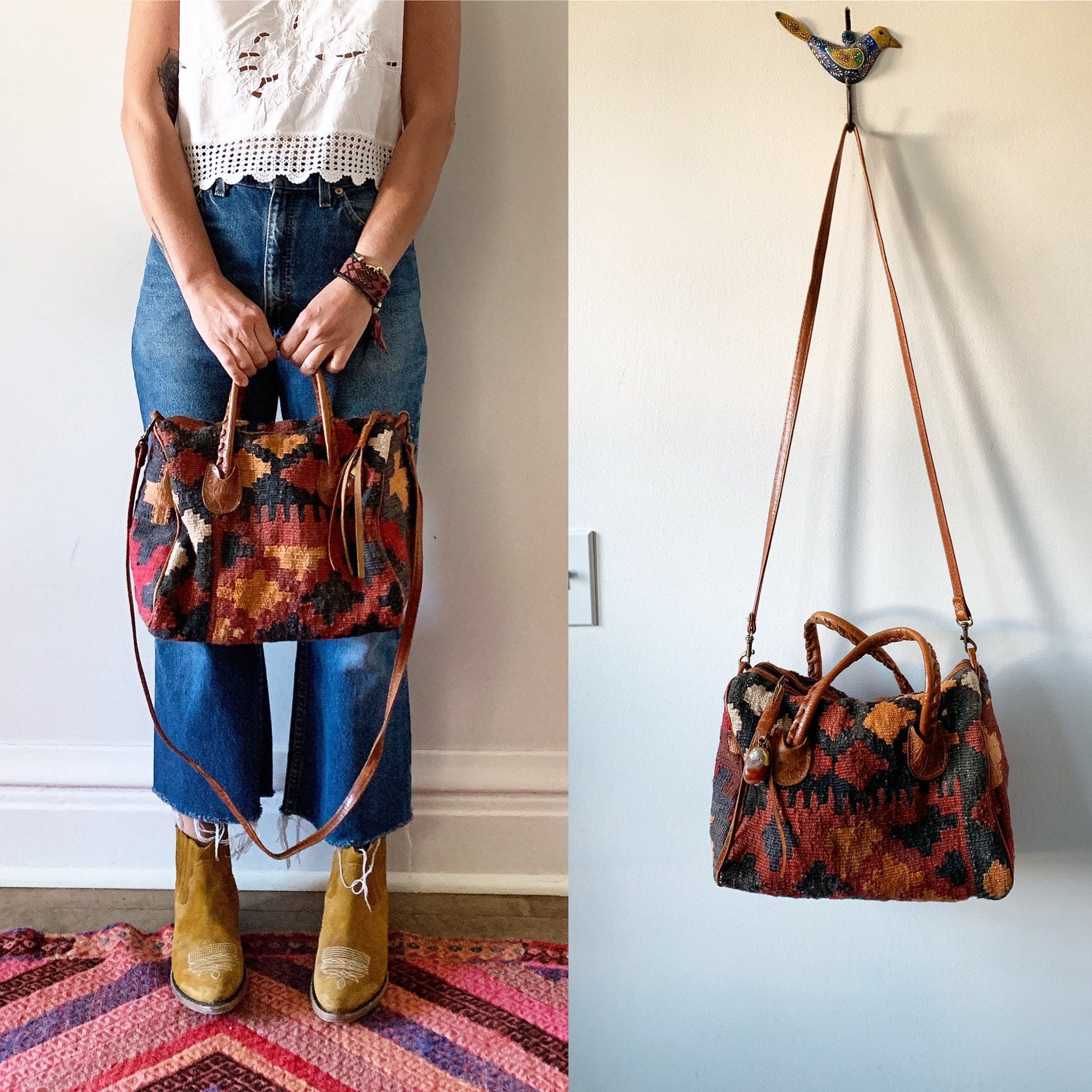 Vintage Turkish Kilim Bag, Ethnic Carpet Purse