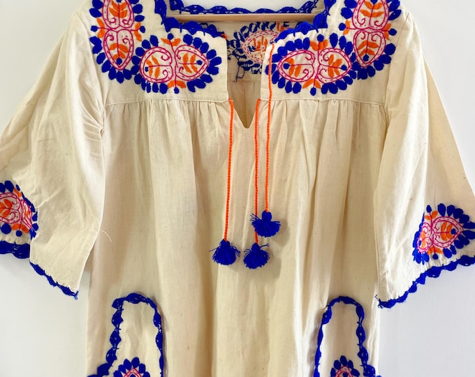 VTG 1970s Hand Embroidered Cotton Kaftan • Boho Ethnic Cream Blue & Orange Embroidery Maxi Dress