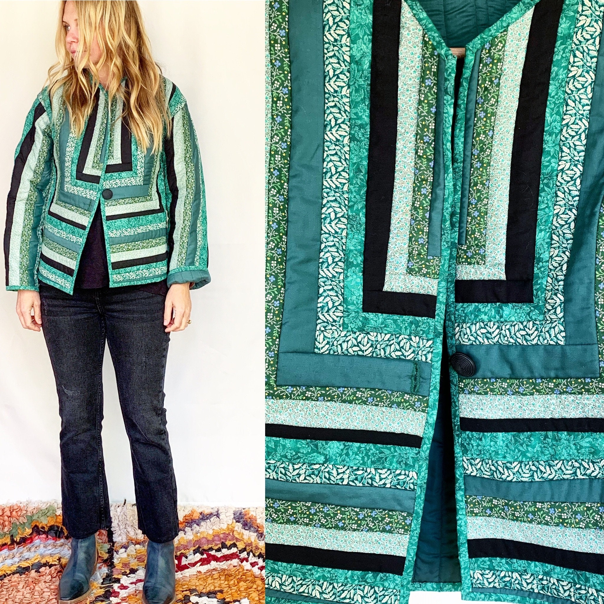 Vintage Handmade Patchwork Quilt Jacket , Folk Quilted Jacket