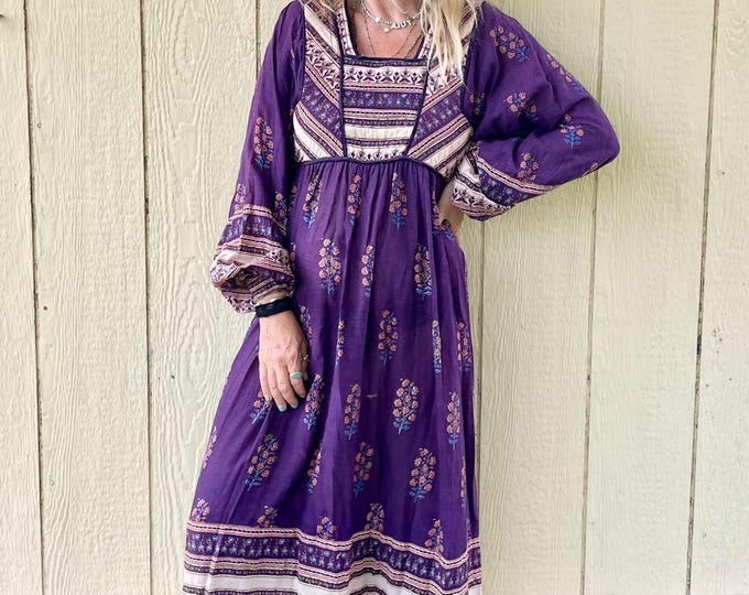 Vintage  Rare PHOOL Indian Block Print Cotton Dress , Blue Block Print Cotton Dress, Pho Dress , Boho Midi Dress
