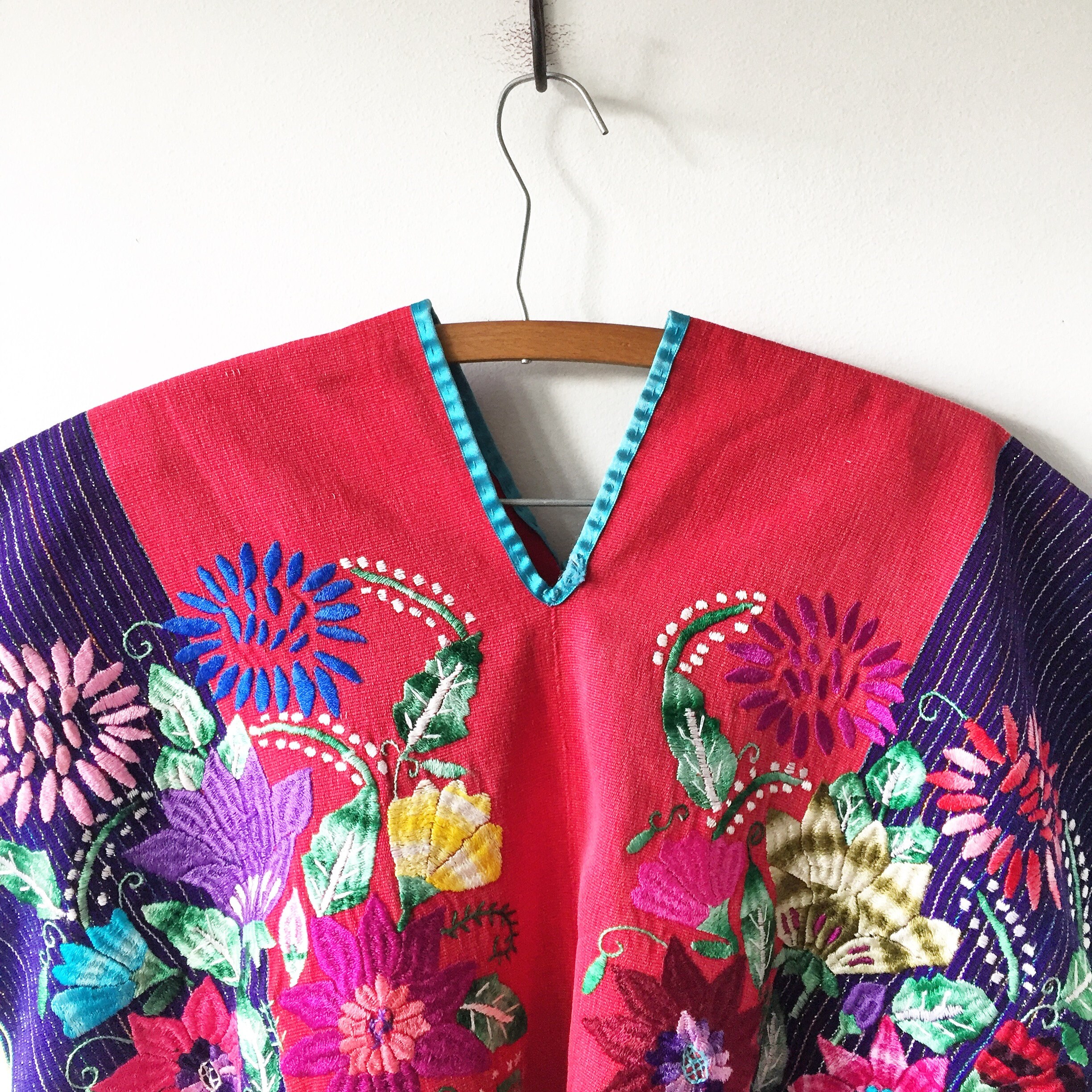 Vintage Chiapas Mexican Poncho w/ Pom Pom , Pompom Poncho , Embroidered ...