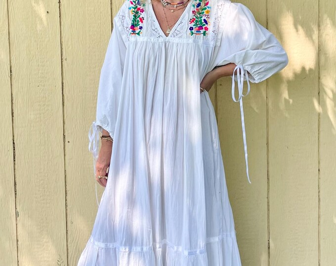Vintage Mexican Gauze Dress, Ethnic Lace Dress , Balloon Sleeve Dress , Hand Embroidered Dress , Hand Crochet Dress , Bohemian White Dress