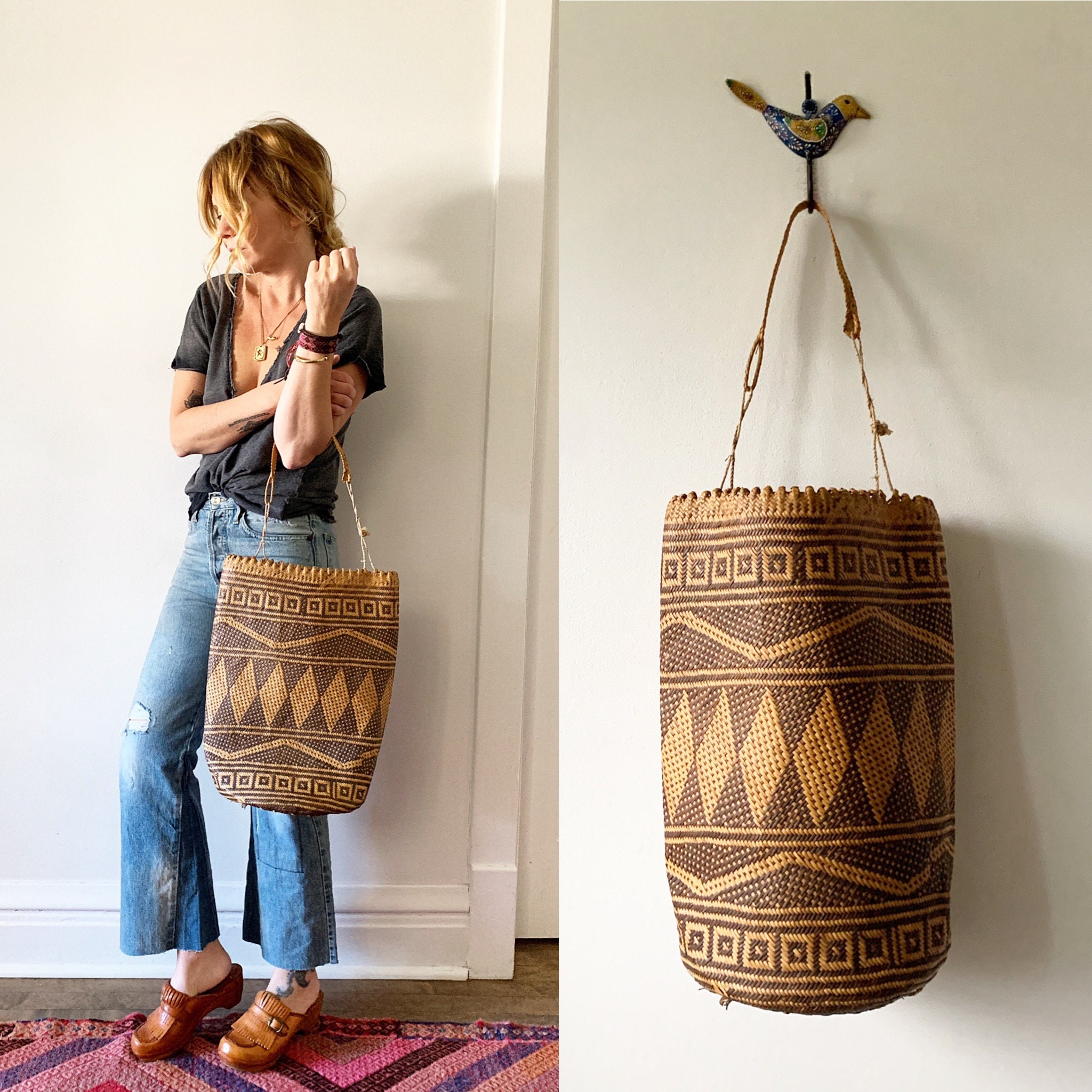 Vintage Woven Indonesian Bag , Woven Strew Bag , Summer Bucket Bag