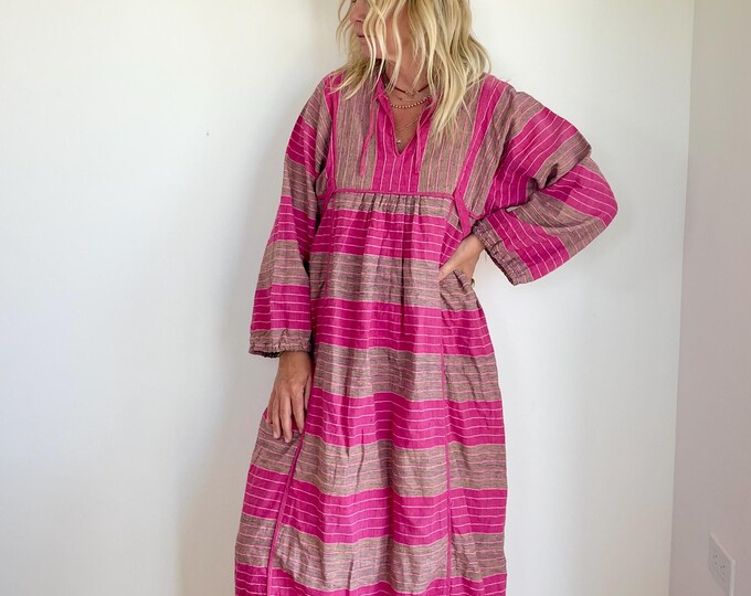 Vintage 70s Indian Cotton Striped Maxi , Hand Loomed Pink Cotton Maxi Dress , Bohemian Dress , Ethnic Dress
