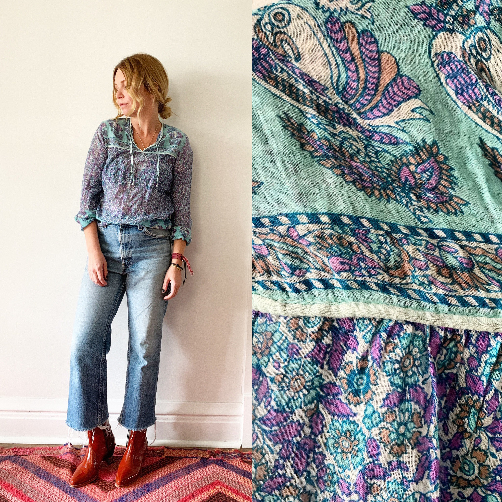 Vintage Indian Cotton Gauze Blouse , Gauze Top , Block Print India Blouse