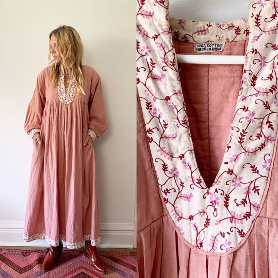 Vintage 70s India Cotton Dress, Block Print Dress