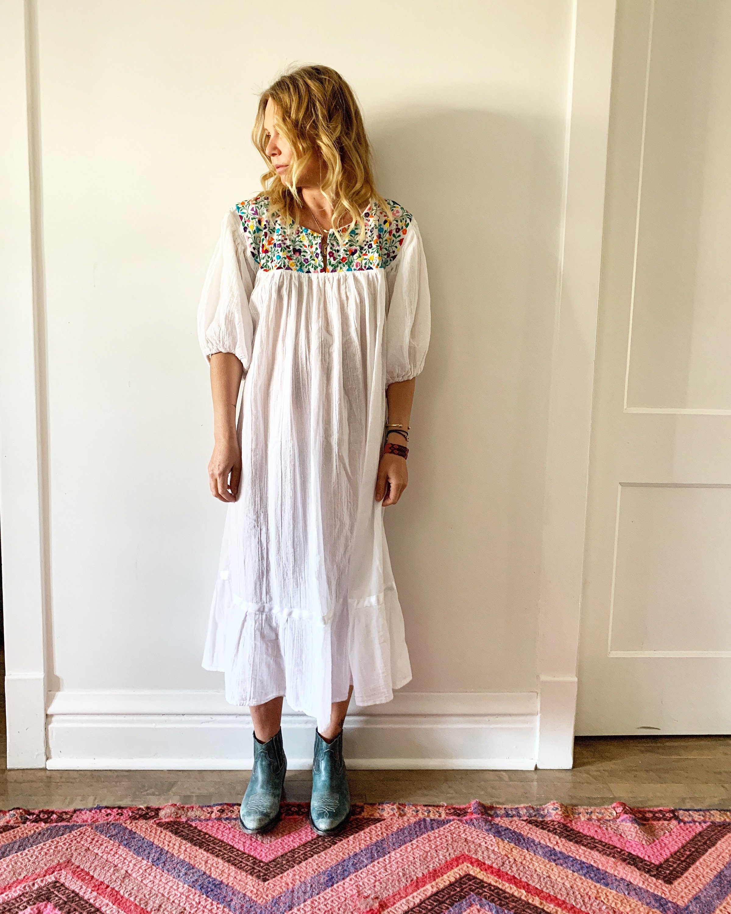 Vintage Mexican Gauze Dress, Ethnic Lace Dress , Balloon Sleeve Dress