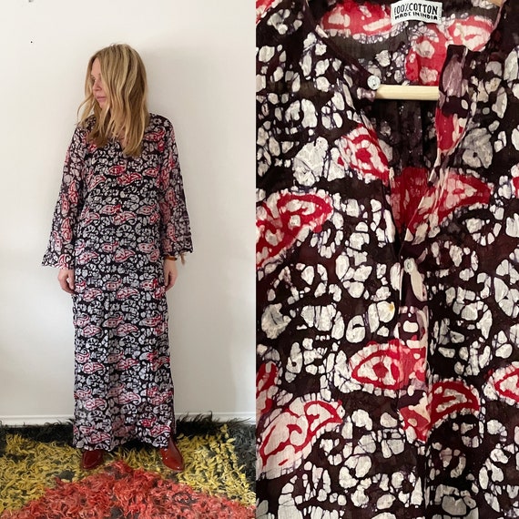 Vintage 70s Indian Cotton Batik Kaftan , India Bat