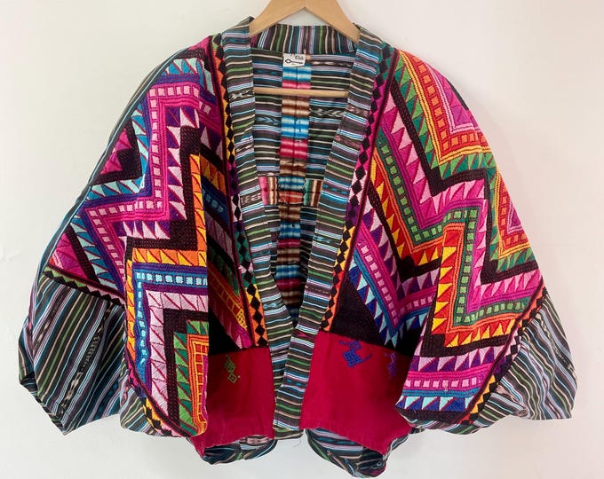 Vintage Ethnic Guatemalan Jacket , Huipil Embroidered Coat , Ethnic Kimono Jacket , Ikat Jacket , Rainbow Woven  Bohemian Jacket