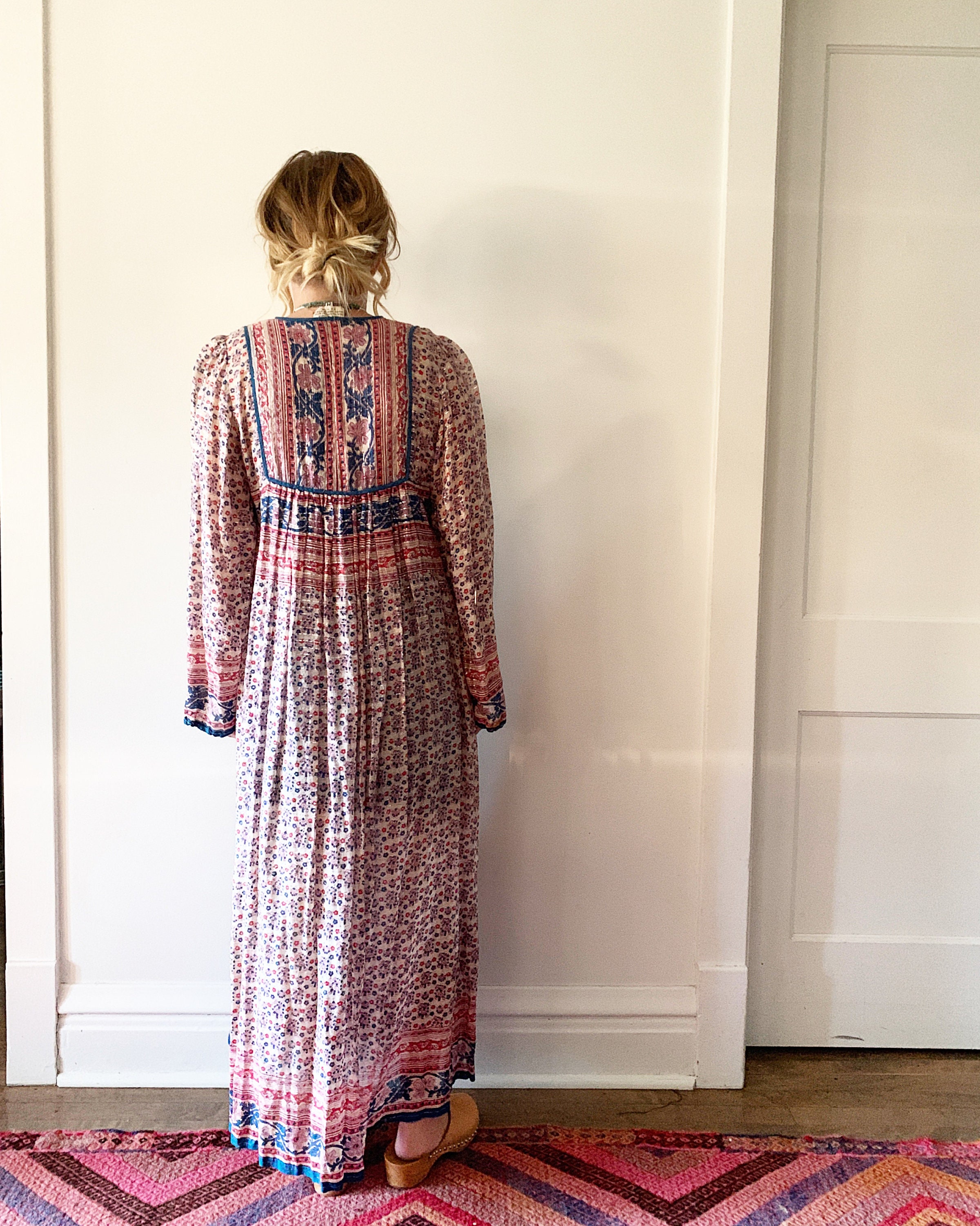 Vintage India Cotton Gauze Dress , Indian Cotton Kaftan , Lurex Gauze ...