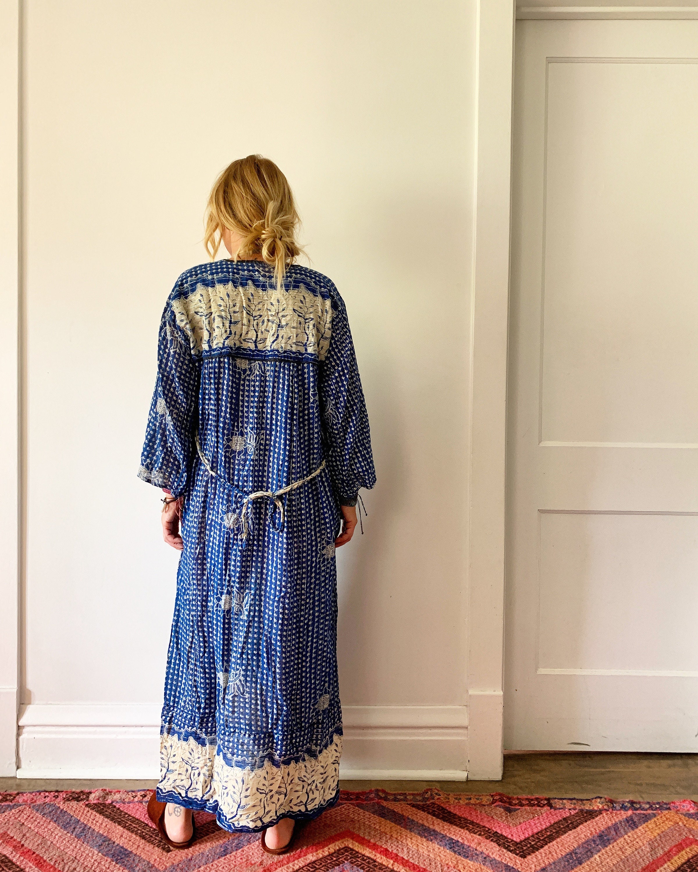 Vintage 70s India Cotton Gauze Dress , Block Print Maxi Dress , BOHO Kaftan