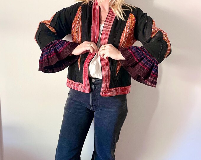 Vintage Hmong Tribal Jacket, Ethnic Reversible Jacket , Thai Tribal Coat , Batik Coat, Embroidered Hill Tribe Jacket , Ethnic Cotton Jacket