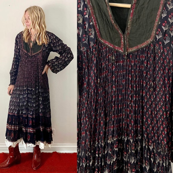 Vintage  Starina Block Print  Cotton Dress , Crochet Cotton Dress, Starina Dress , Boho Midi Dress