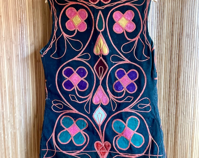 ntage Afghan Velvet Appliqué Vest — Colorful Hippie Boho Waistcoat,
