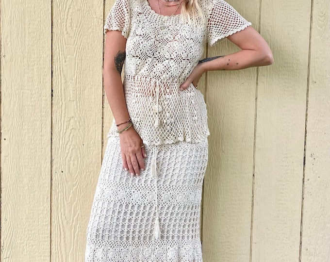 Vintage Cotton Crochet Skirt and Top Set , Vintage Crochet Cream Set , DEADSTOCK Crochet Suit