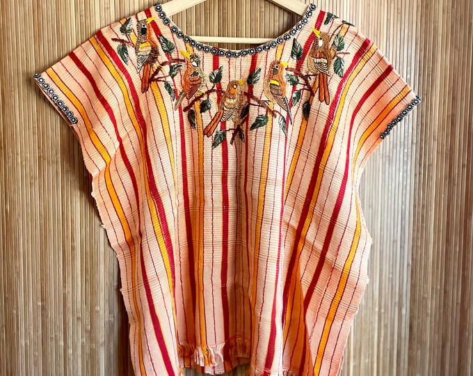 VTG Rare Color Guatemalan Hand-Loomed Embroidered Bird Motif Huipil Top: Boho Ethnic Blouse