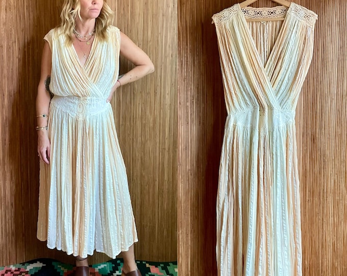 Rare VTG Grecian Cotton Gauze Lurex Dress  Dip Dyed Dress- Boho Goddess Maxi Dress |