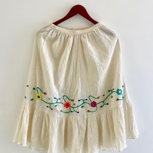 Vintage 70s Mexican Hand  Embroidered Cotton Gauze Skirt, Floral Embroidered Cream Cotton Skirt