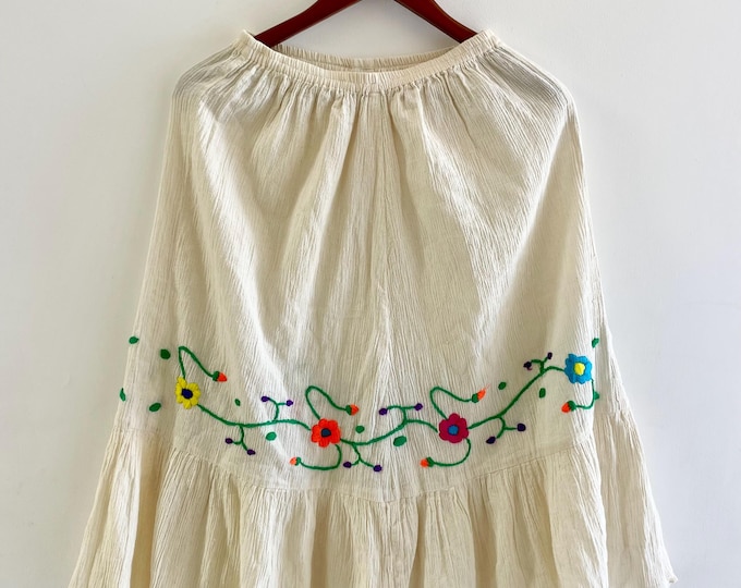 Vintage 70s Mexican Hand  Embroidered Cotton Gauze Skirt, Floral Embroidered Cream Cotton Skirt
