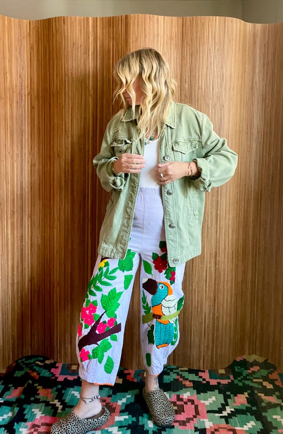 Vintage Hand Embroidered Tropical Pants: Ethnic Woven Resort Wear