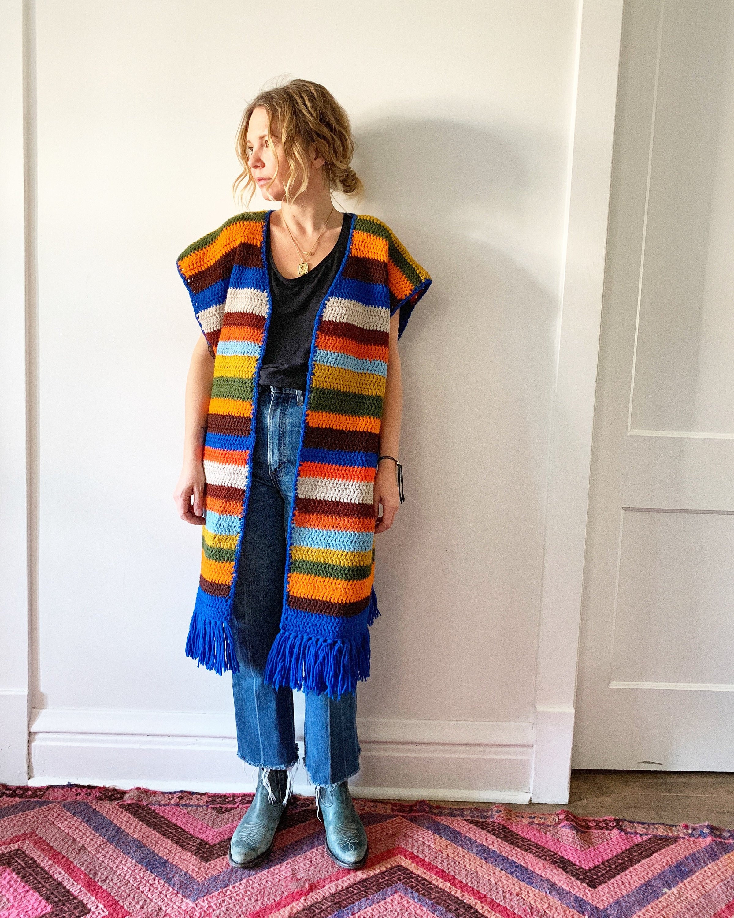 Vintage Afghan Crochet Cardigan , Oversize Hippie Sweater , Afghan