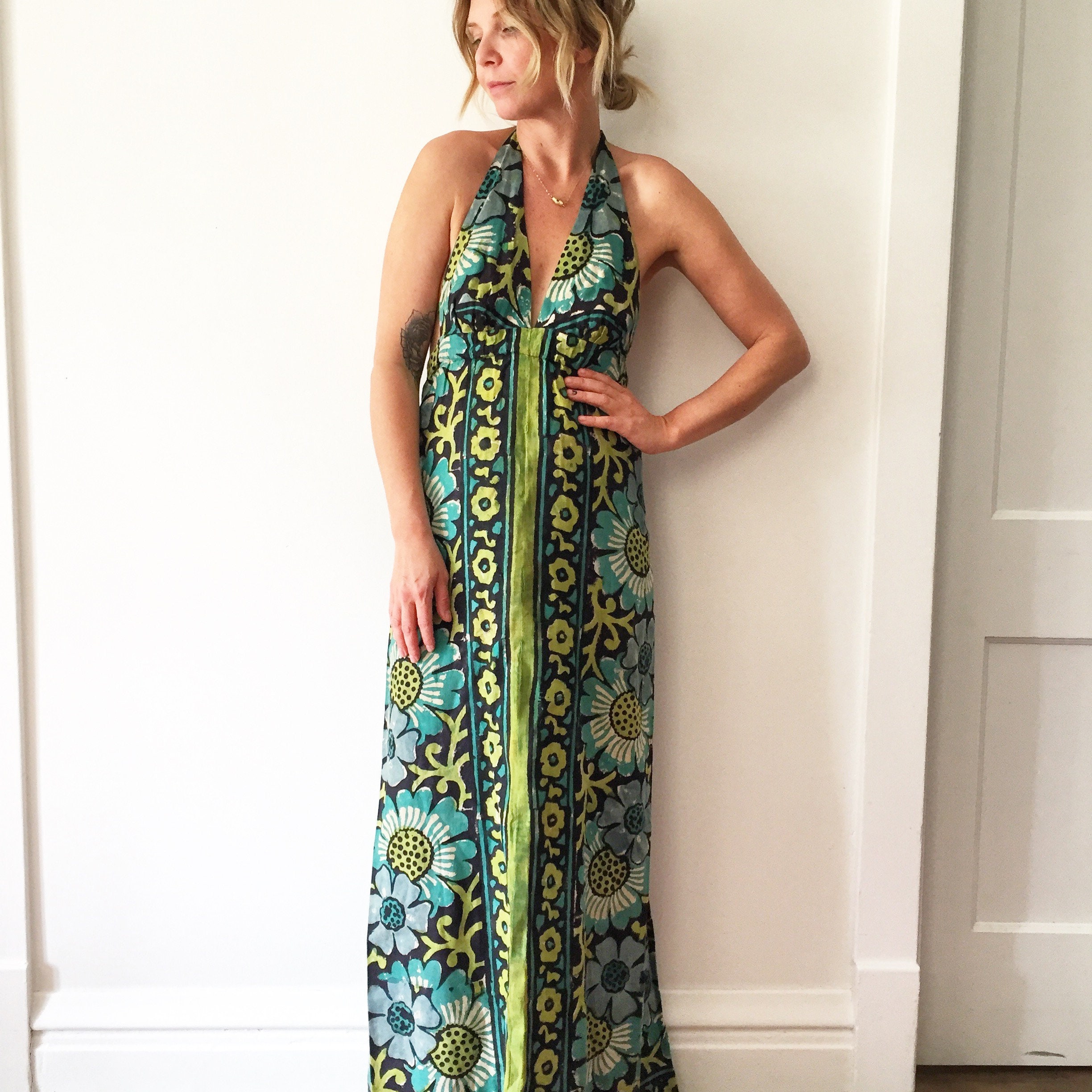 RESERVED // Vintage 70s Block Print India Maxi Dress , Backless Halter  Dress, BOHO Floral Dress