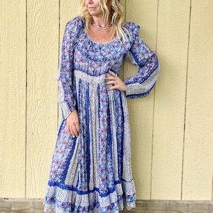 Vintage Floral India Cotton Gauze Midi Dress  ,   Ruffled Top Floral Dress, Boho Prairie Floral Indian Gauze Dress