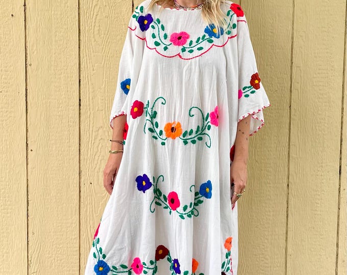 Vintage Mexican Hand Embroidered Cotton Gauze Kaftan- Cotton Gauze Embroidered Kaftan , Mexican Floral ,Bohemian Beach Kaftan