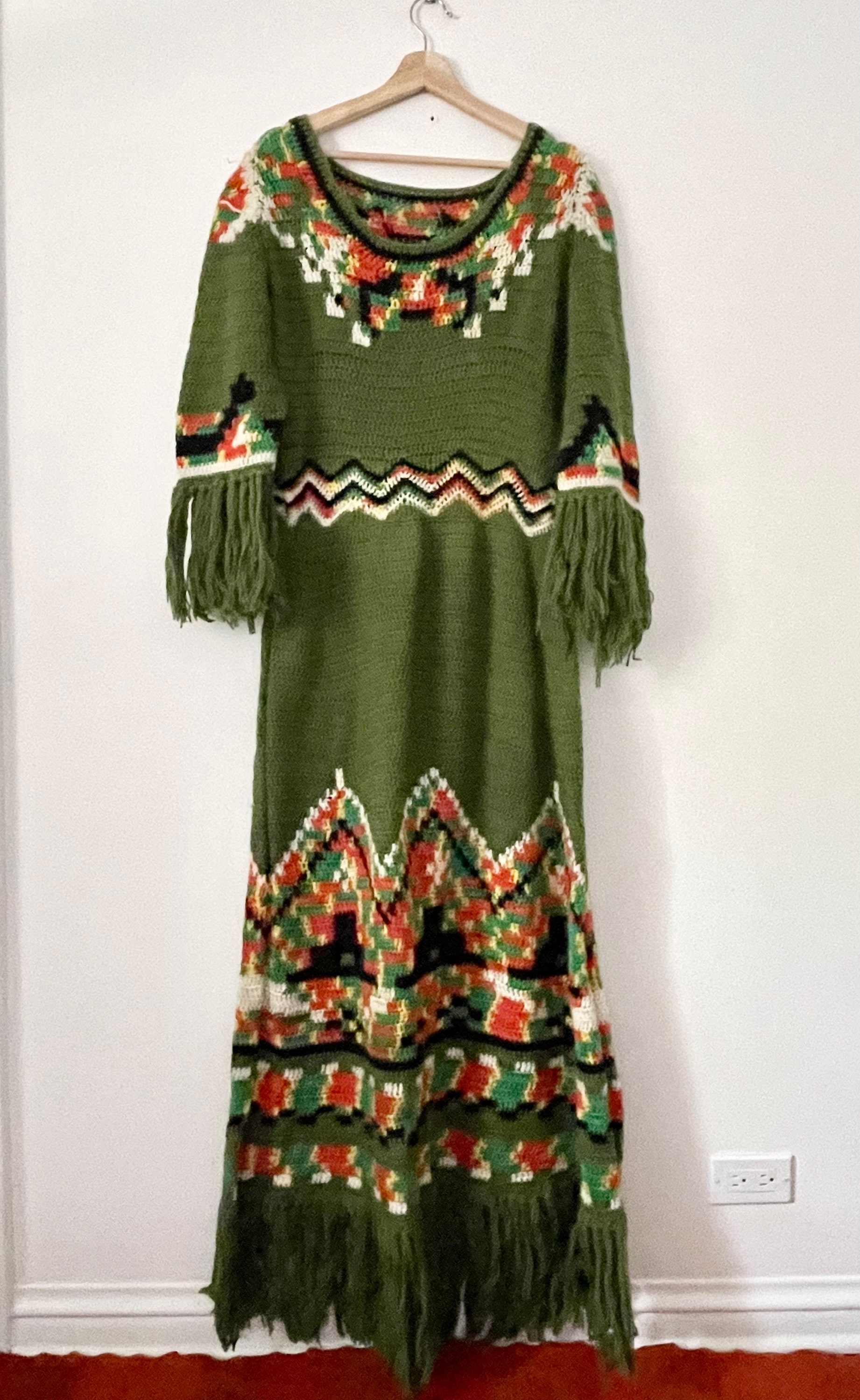 Vintage Crochet Maxi Dress , Vintage Knit Dress , Green Knit Maxi Dress