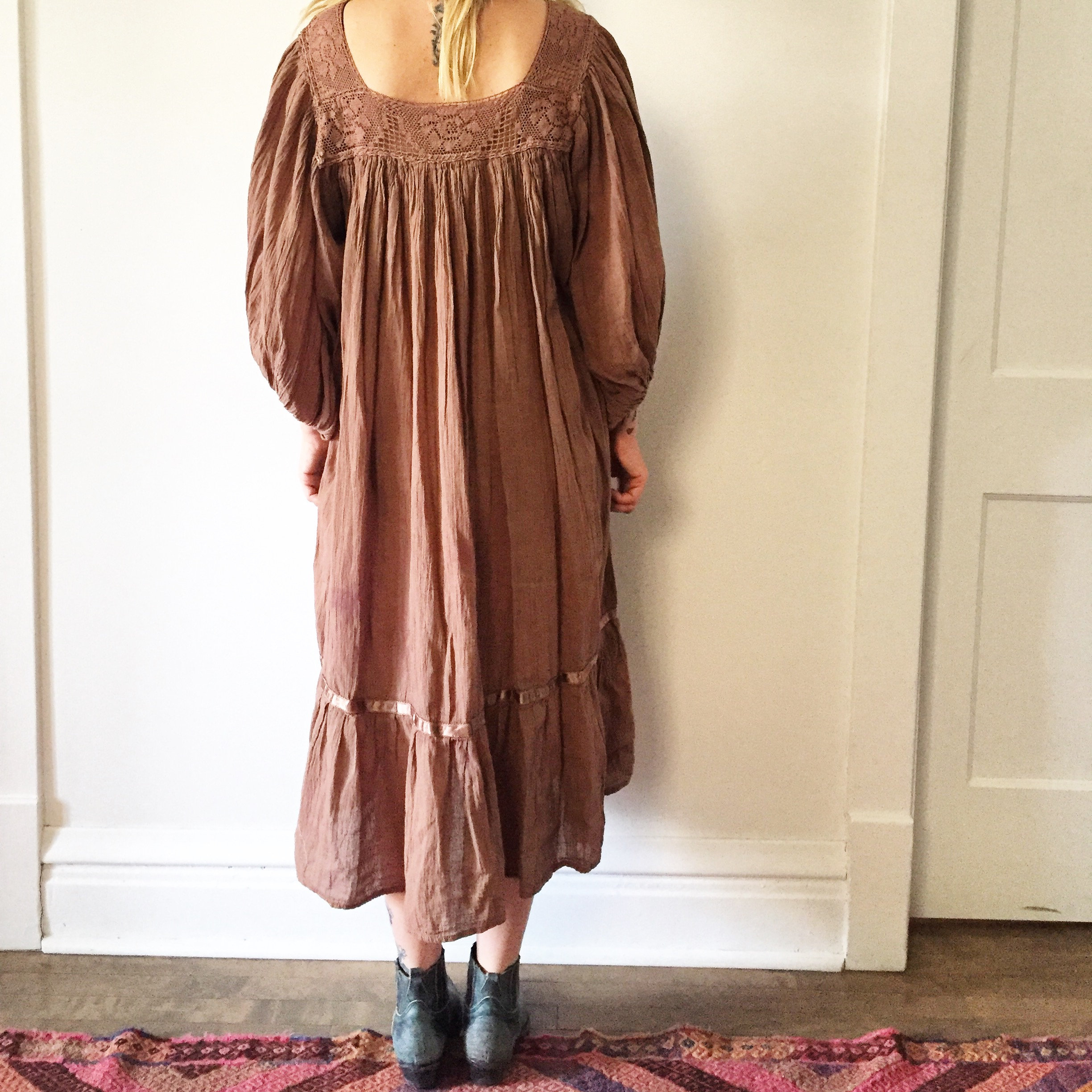 Vintage Mexican Gauze Dress, Ethnic Lace Dress , Balloon Sleeve Dress