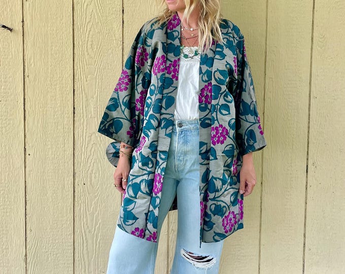 Vintage Japanese Silk Shibori Kimono, Silk Kimono , Layering Jacket , Japanese Floral Textured Kimono
