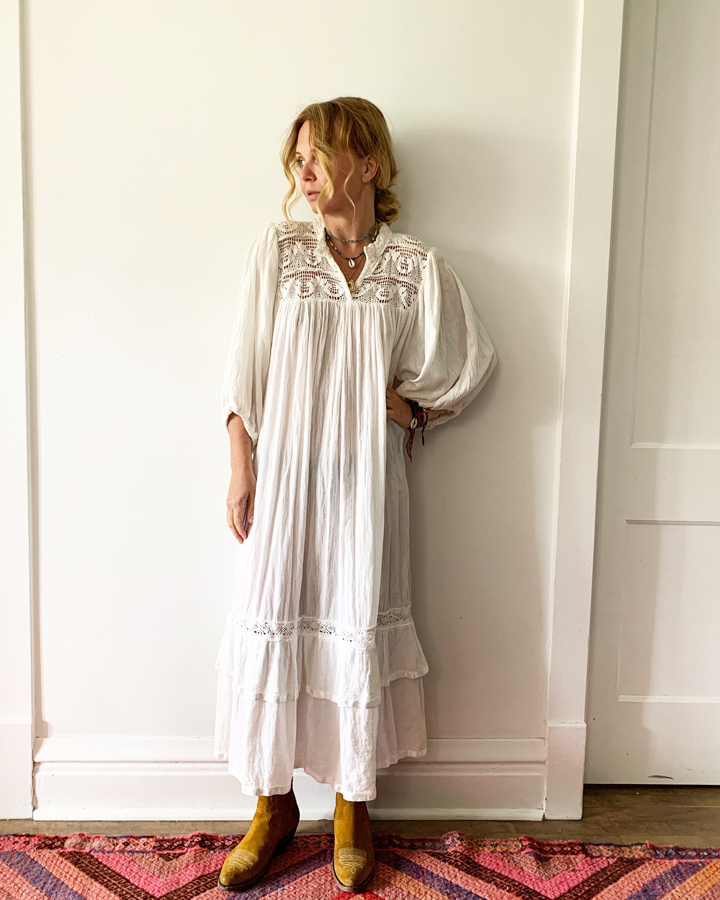 Vintage Mexican Gauze Dress, Ethnic Lace Dress , Balloon Sleeve Dress