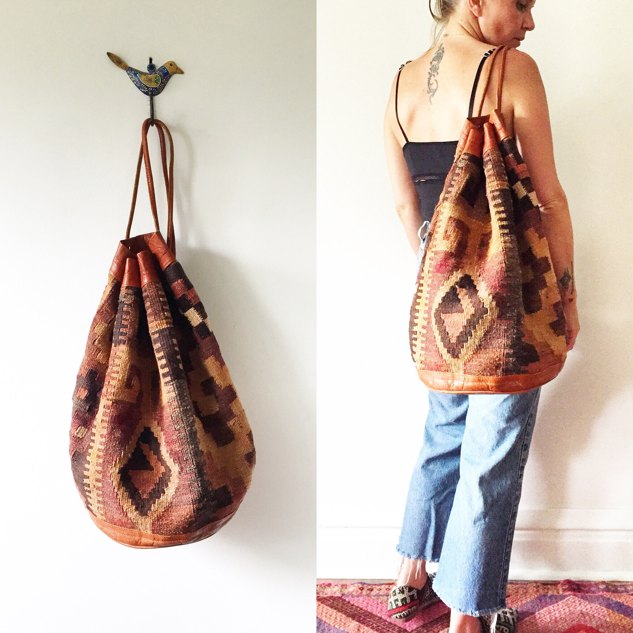 Vintage Oversize Turkish Kilim Bag Carpet Textile Backpack Bucket Backpack Ethnic Bag
