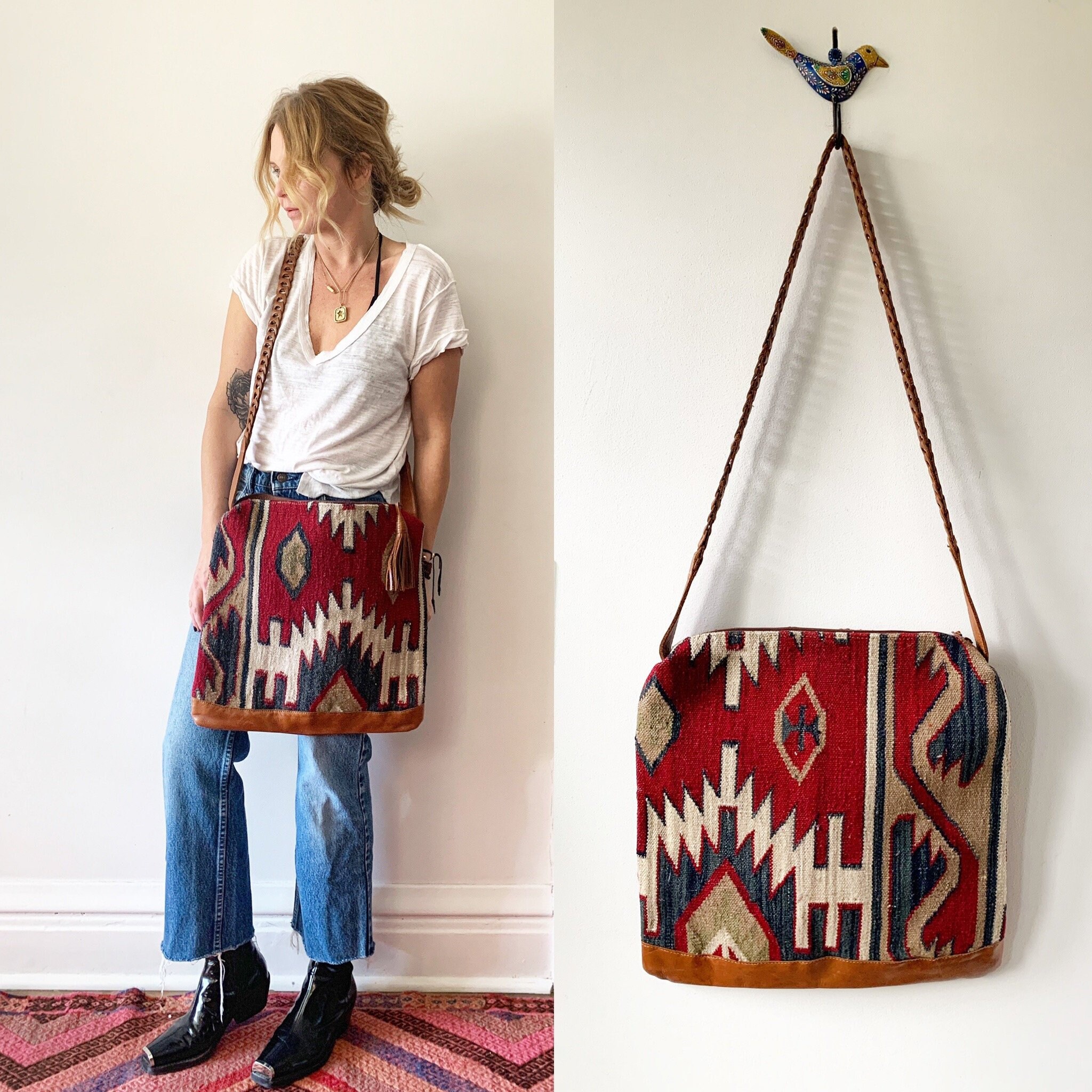 Vintage Turkish Kilim Bag, Ethnic Carpet Purse, Oversize Kilim Purse , Floral Kilim Bag
