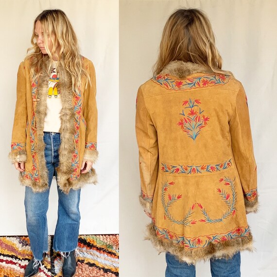 Vintage 70s Afghan Embroidered Ethnic Fur Jacket ,