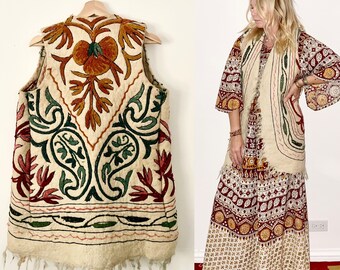 Vintage Shaggy Afghan Embroidered Wool Vest Coat , Fiber Art Knit , Curly Boiled Wool Vets Coat