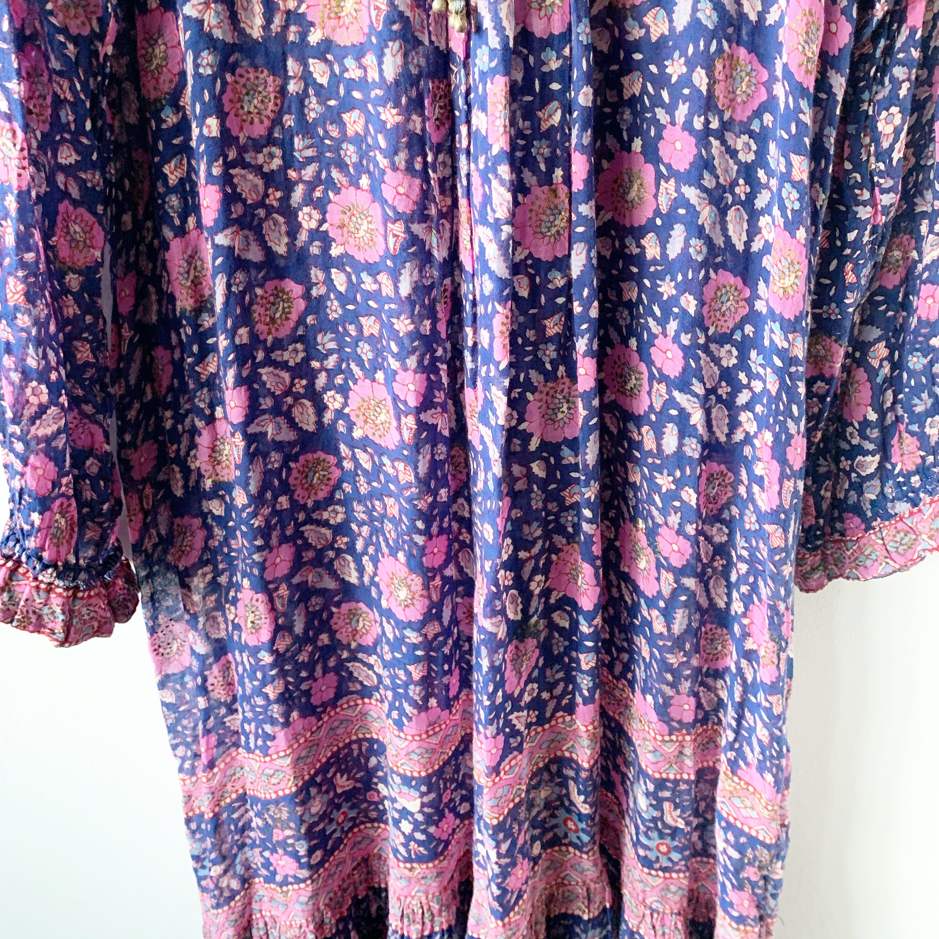 Vintage 70s Indian Cotton Gauze Dress , India Gauze Dress , Block Print