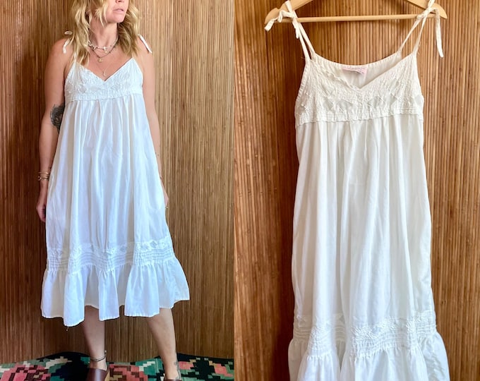 Vintage India White Sundress - Summer Tie Strap Cottagecore Midi