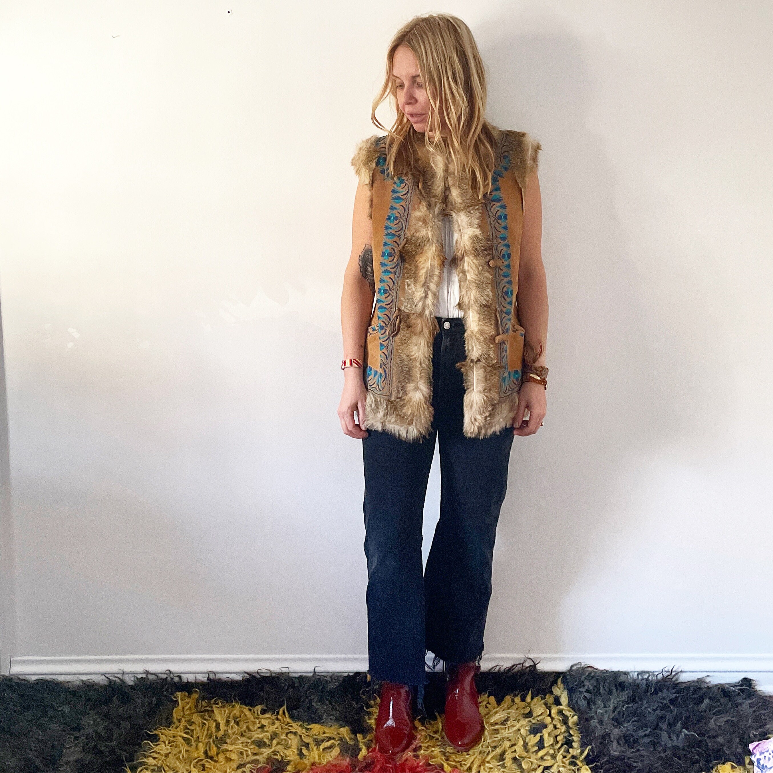 Vintage 70s Embroidered Ethnic Fur Vest Suede Embroidered Gilet