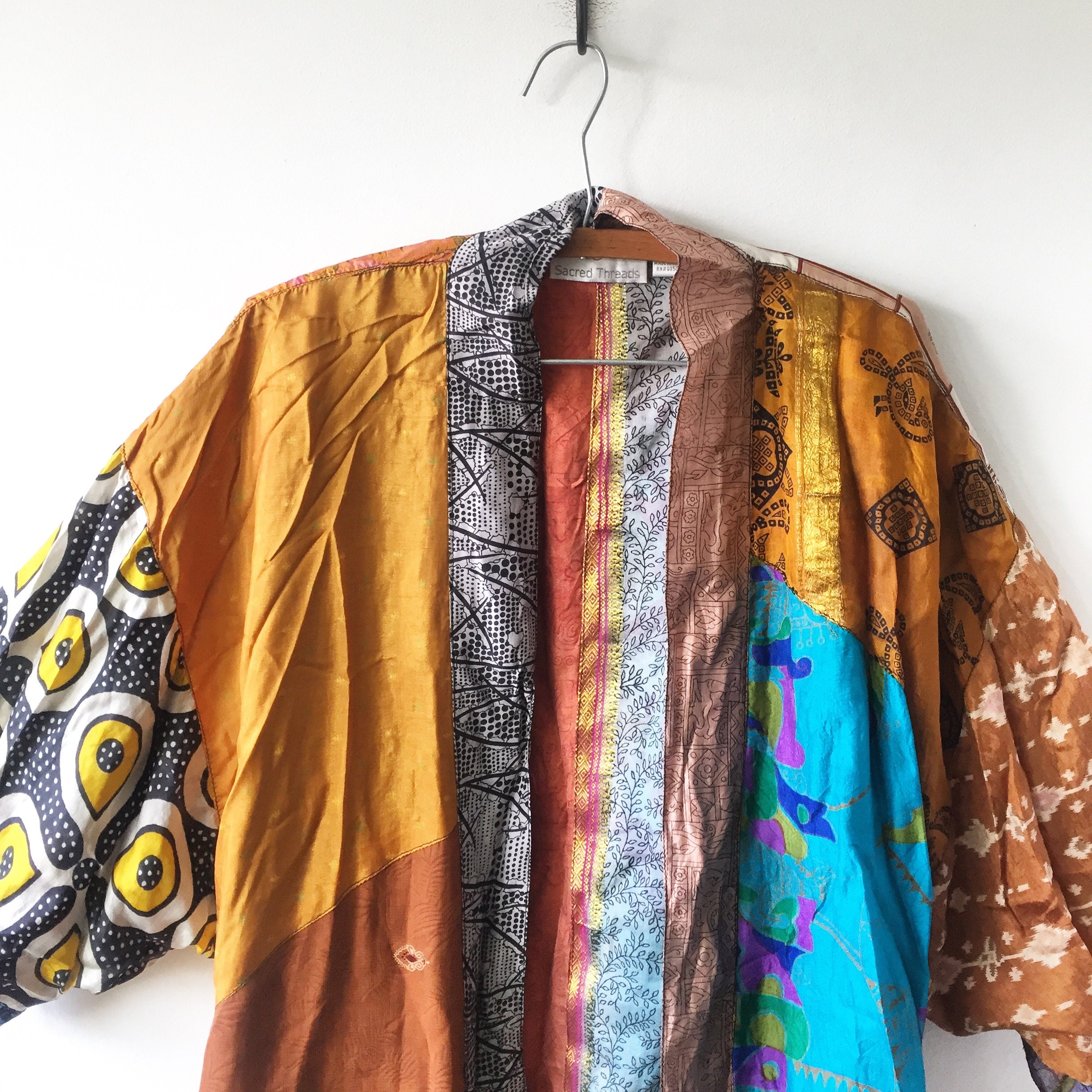 Vintage Sacred Threads Silk Patchwork Duster , Layering Jacket , BOHO