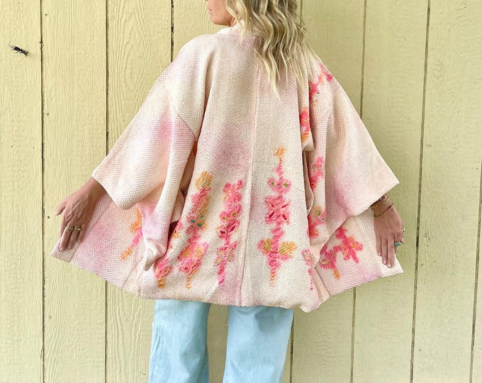 Vintage Japanese Silk Shibori Kimono, Silk Kimono , Layering Jacket , Japanese Floral Textured Kimono