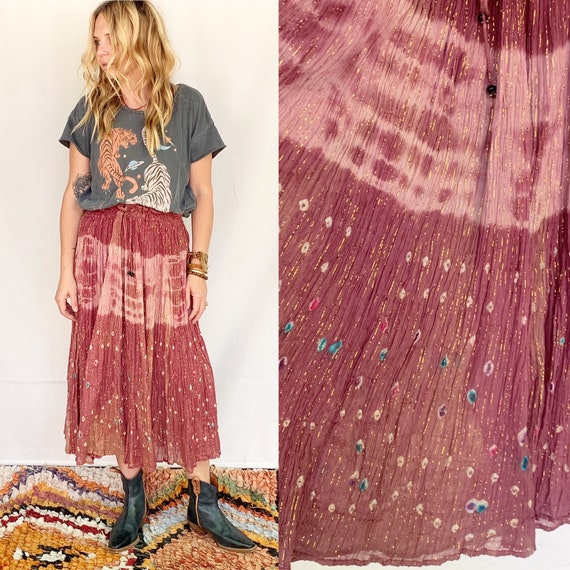 Vintage India Cotton Lurex Gauze Skirt , Tie Dye L