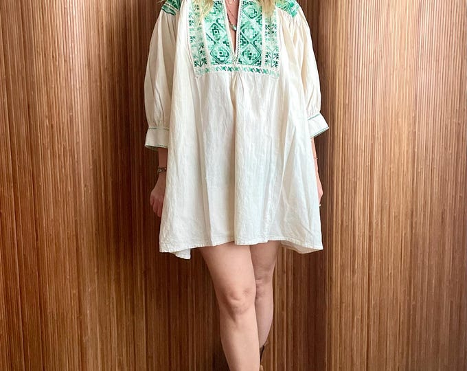 Vintage Oaxacan Hand Loomed Cotton Mini Dress – Mexican Embroidered Tunic Boho Peasant