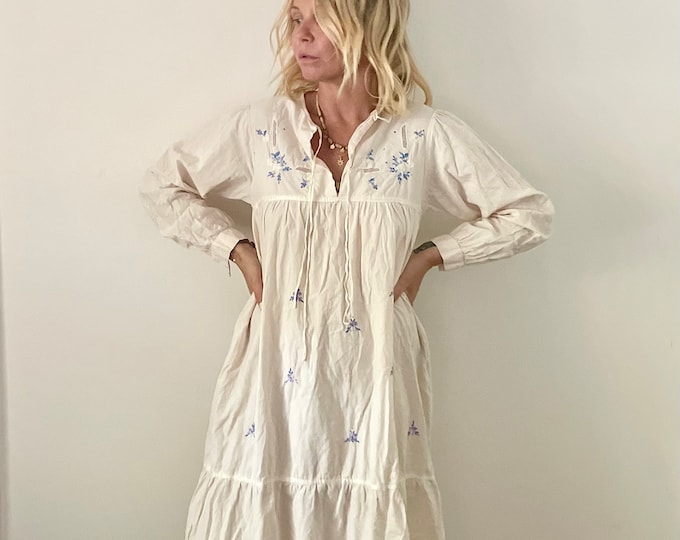 Vintage Hand Embroidered Mexican Sundress , Strappy Embroidered Sundress , White Summer Dress , Bohemian Sundress