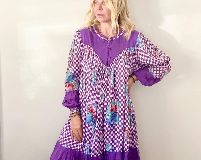 Vintage India Cotton Gauze  Dress , Indian Cotton Midi , Checkered Block Print Dress , Floral Block Print Indian Dress
