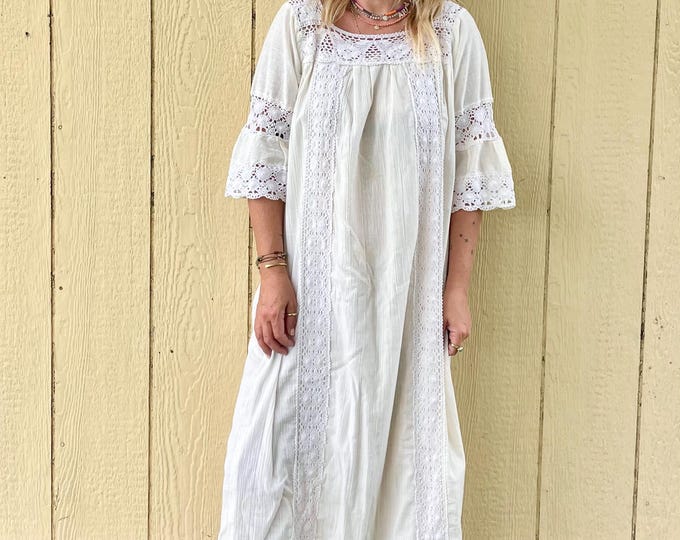 Vintage Mexican Gauze Dress, White Laced Cotton Dress , Balloon Sleeve Dress , Crochet Cotton Dress , White Boho Dress ,