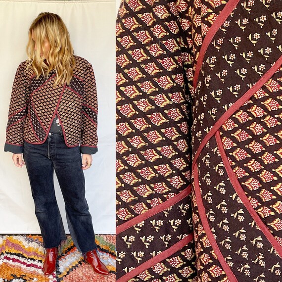 Vintage 70s ADINI Block Print Jacket , Quilted Ind