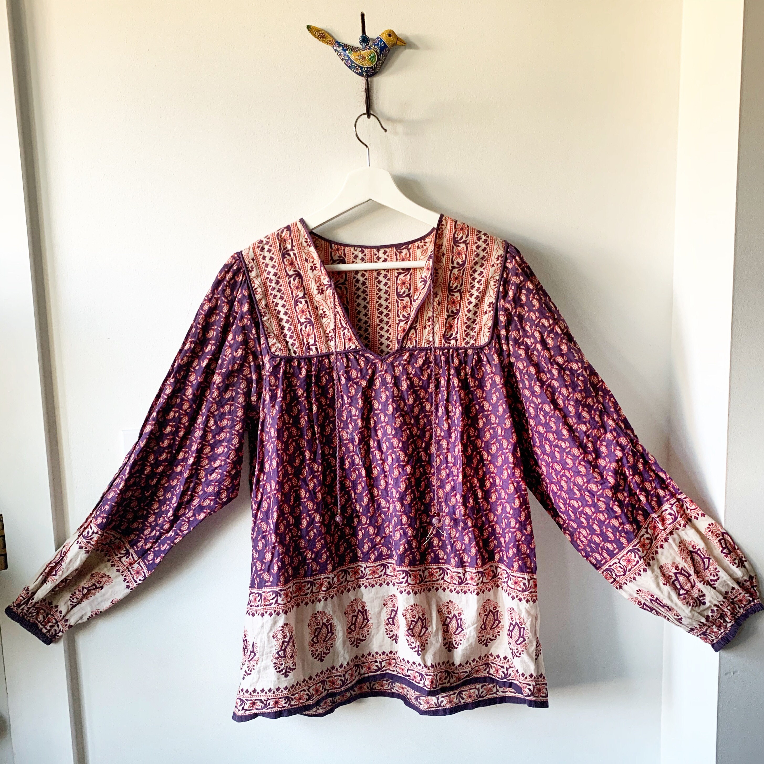 Vintage 70s India Cotton Top, Block Print Peasant , BOHO Blouse