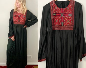 Vintage Afghan Embroidered Cotton Dress , Kuchi Tribal Dress , Embroidered Beaded Silk Afghan Midi Dress